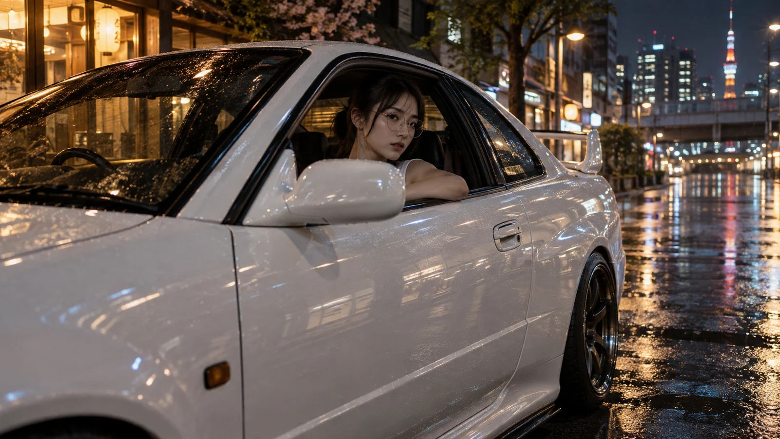 A woman in a white sports car on a rain-lit Japanese street at night, inspired by the Shorty Revisions launch film
